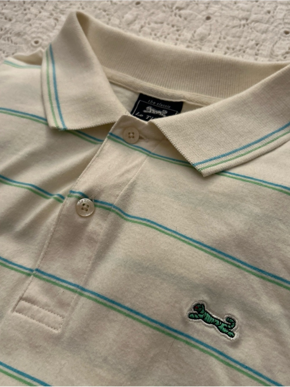 Le Tigre Classic Polo Shirt - Cream with Green & Teal Stripes